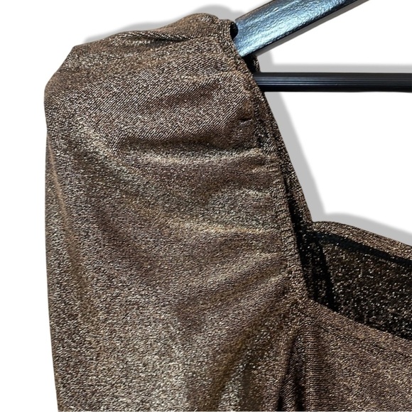 Reformation Rahm Ruched Puff Sleeve Midi Dress in Bronze Sparkle | Size XS - Picture 9 of 16
